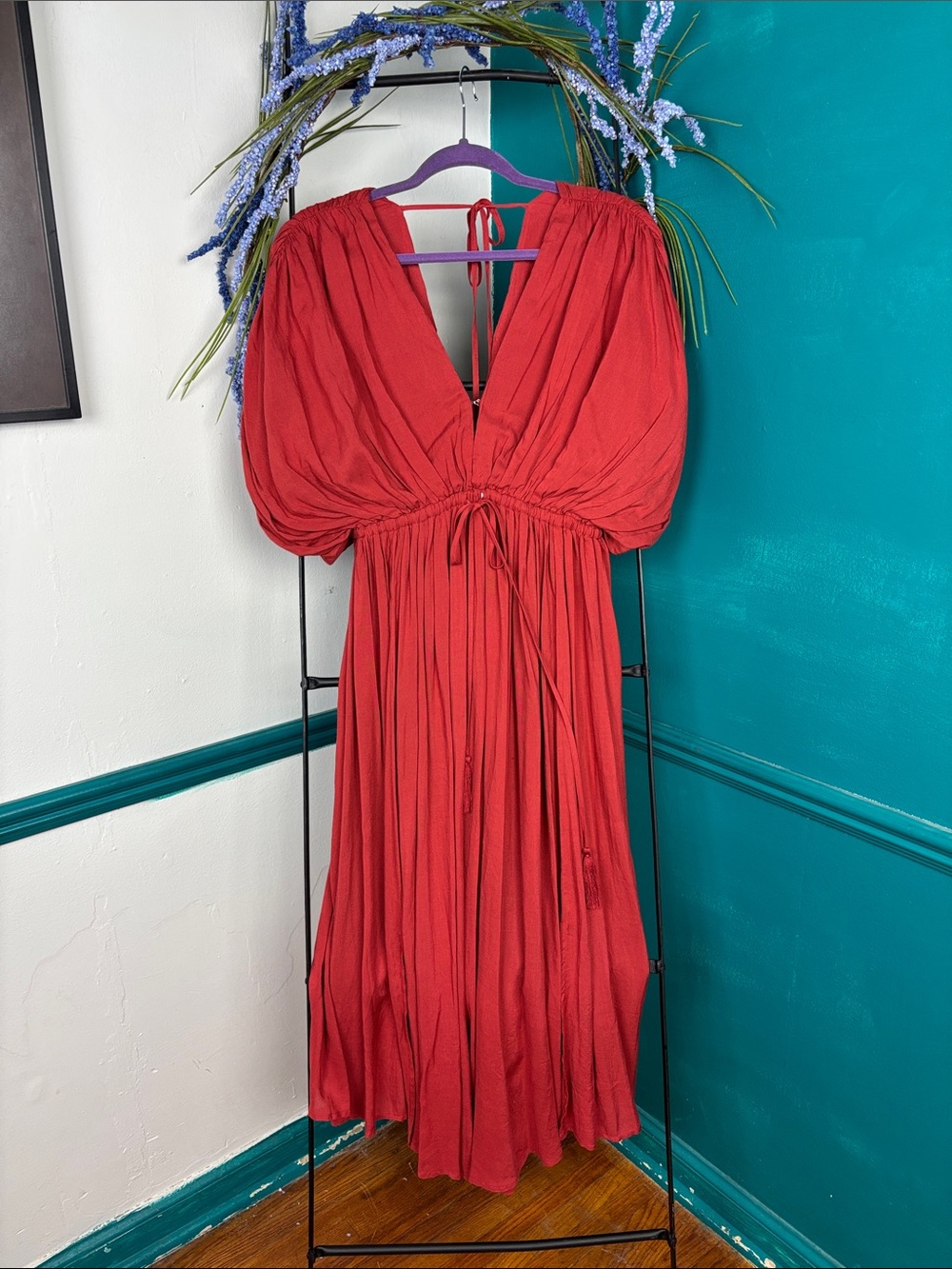 Wishlist brick Red Puff-Sleeve V-Neck Women’s Dress